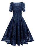 O-Neck Short Sleeve High Waist Vintage Lace Elegant Women Solid Pleated Midi Dresses