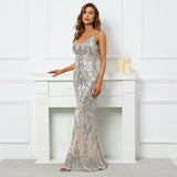 Women Silver Strap Sequin Party Maxi Dress Sexy V Neck Evening Long Prom Dress