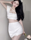 2pcs/set Summer Cross Midriff Sexy Women Korean Wrap Sweet Mini Skirt Set Elastic Skinny Fit Party Suit