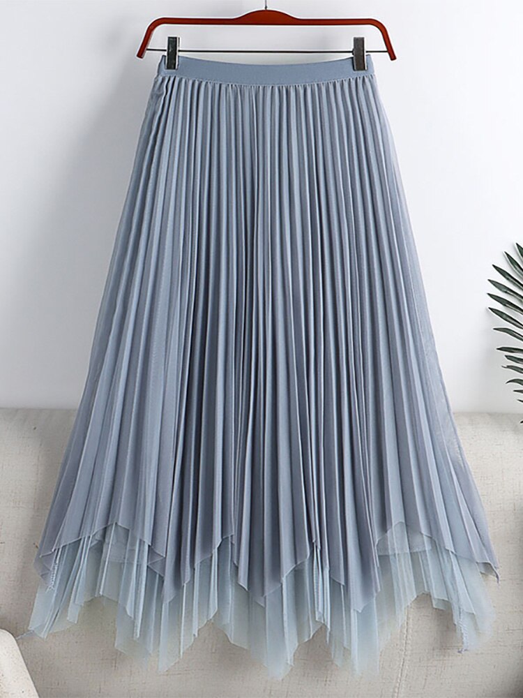 Fashion Irregular Hem Tulle Mid Calf Long Solid Casual Elastic High Waist Mesh Pleated Skirt