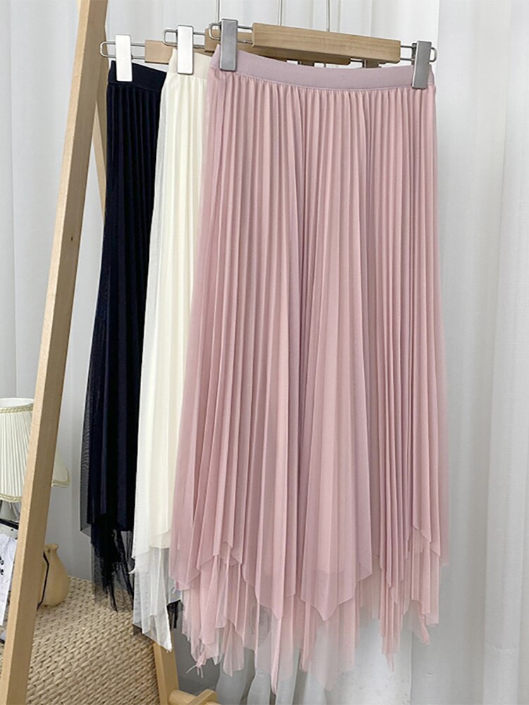Fashion Irregular Hem Tulle Mid Calf Long Solid Casual Elastic High Waist Mesh Pleated Skirt