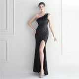 Sexy Slit Feater Evening Dress Women Slash Neck Sequin Party Maxi Dress Long Prom Dress