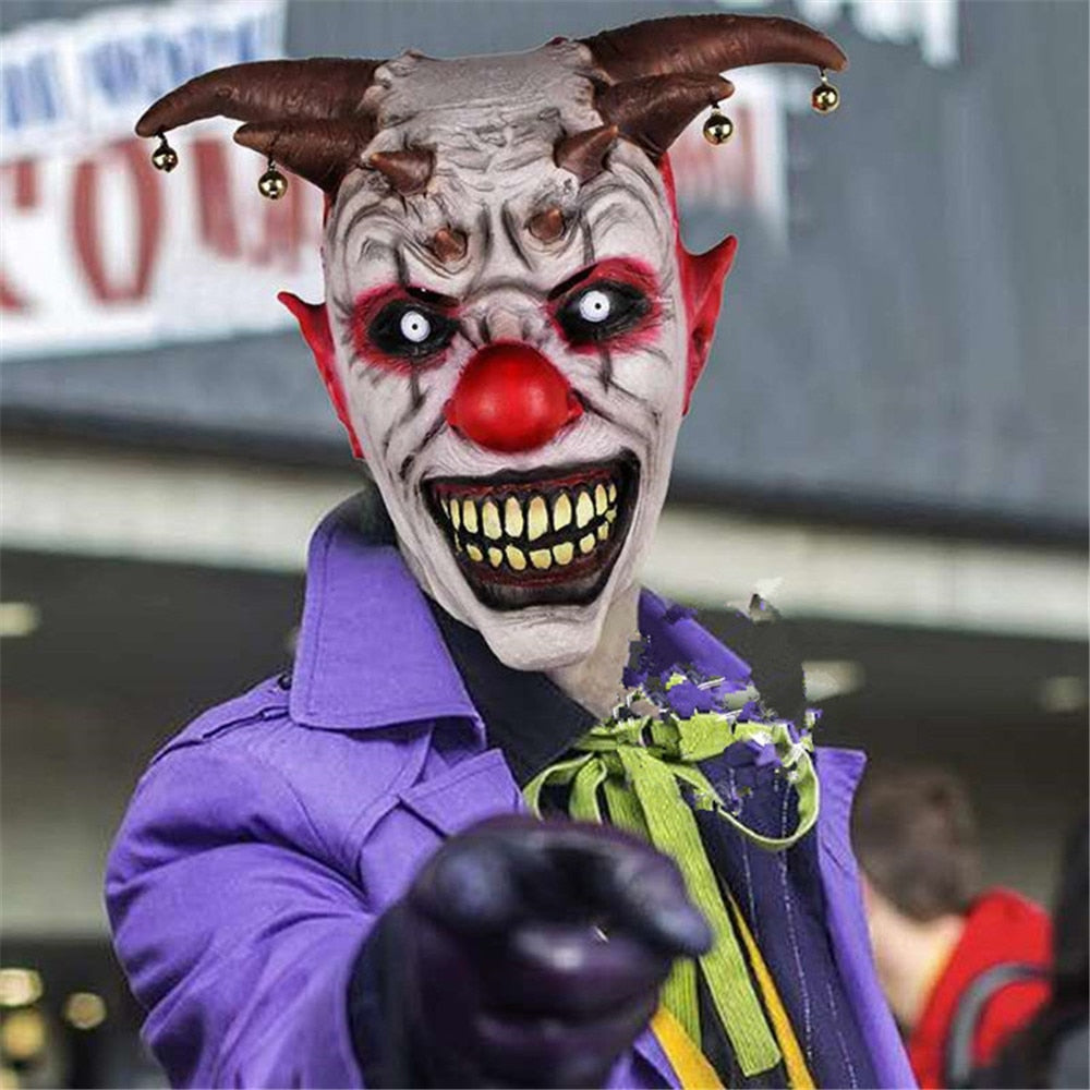Horror Halloween Clown Mask Scary Cosplay Full Face Latex Mask with Bells Joker Masks Halloween Party Supplies
