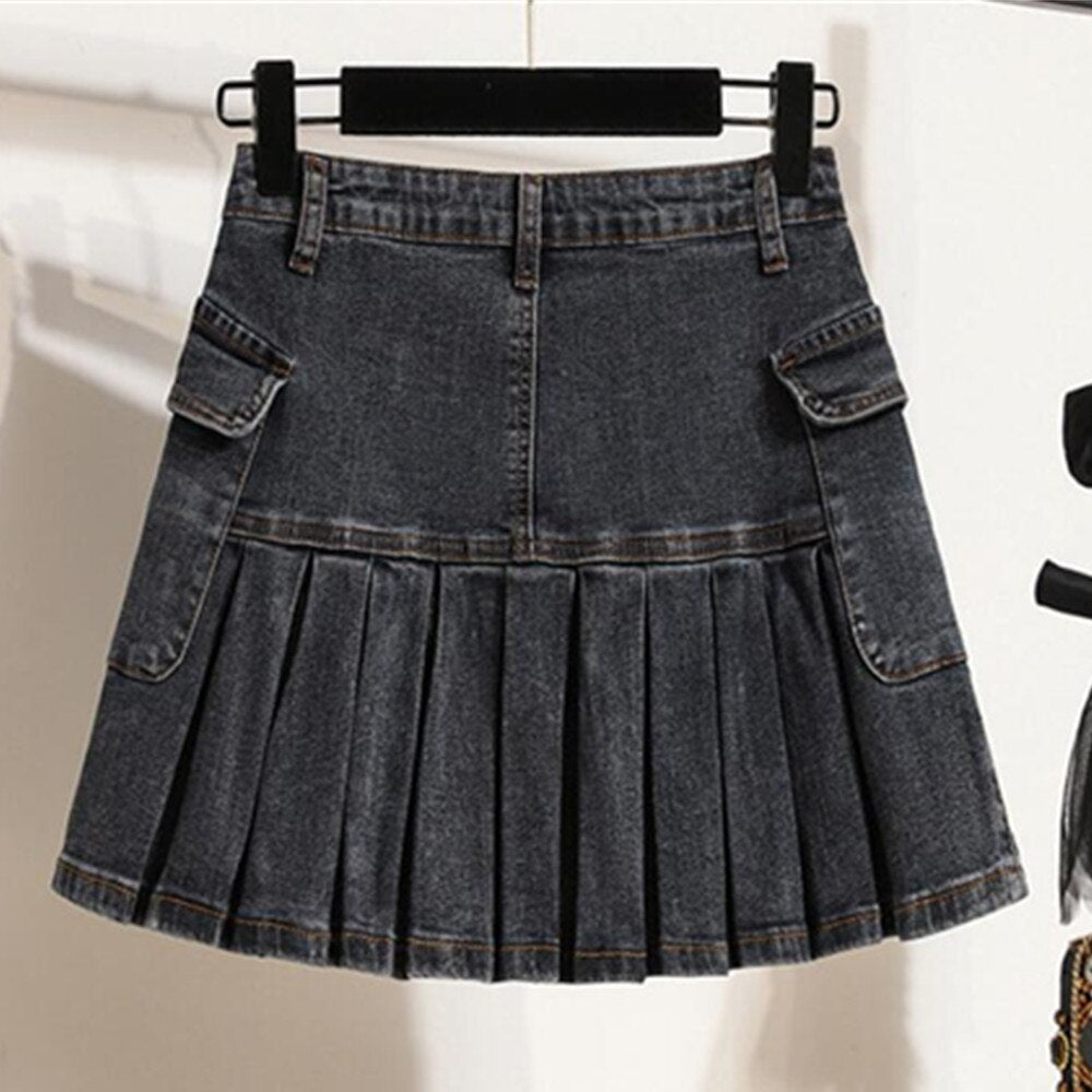 High Waist Jean Skirts Sexy Pleated A-line Black Denim Skirt Kawaii Bottoms Clubwear