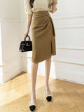 High Waist Pleated Split Office Lady Summer Korean Style Sexy Women Solid Color Knee-length Pencil Skirt