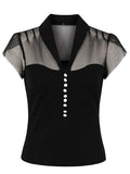 Contrast Mesh Button Front Short Sleeve Tees Summer Women Vintage T Shirt Elegant Black Tops