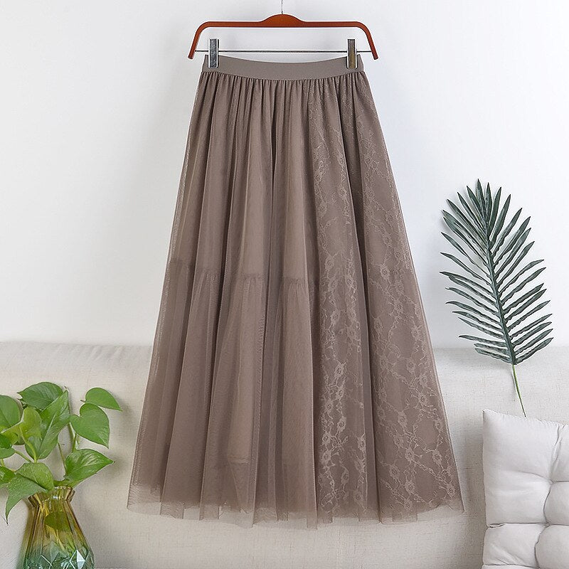 Women Slim A-Line Casual Sweet Mesh Lace Elastic High Waist Patchwork Skirts
