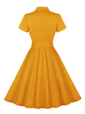 Ginger Solid Notched Collar Button Vintage Formal Occasion Dresses Women Short Sleeve Belted Pocket Cotton Midi Dress