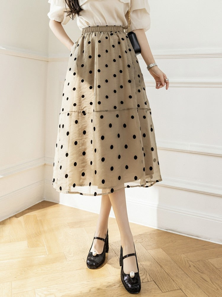 Summer Bohemian Style Elastc Wasit A-line Dot Skirt With Pockets Elegant Women Mid-calf Mesh Skirts