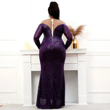 Plus Size Stretch Purple Sequin Dress Pearls Full Sleeve See Through Mermaid Evening Night Long Party Maxi Dress