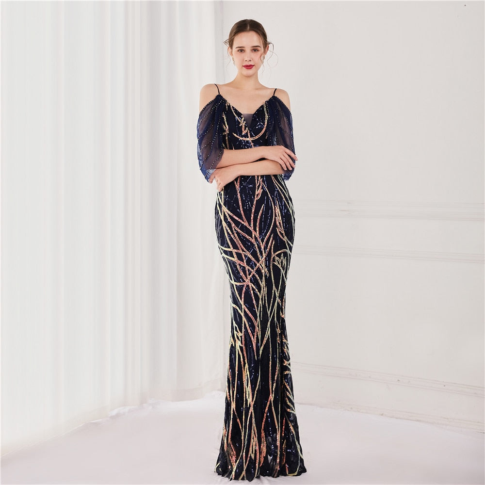 New Women Elegant Spaghetti Strap Tulle Beading Formal Evening Dress Sexy Mermaid Sequin Party Dress