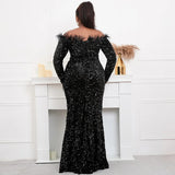 Plus Size Off Shoulder Feather Long Sleeve Black Sequin Dress Floor Length Evening Party Maxi Reflective Dress