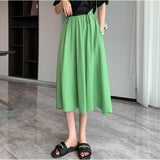 Women Elegant High Waist Pleated Maxi Skirts A-line Long Summer Korean Pink Skirt