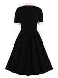 Tie Neck Vintage Style Single-Breasted Half Sleeve Fall Clothes for Women Black Knee Length Polyester Dress