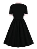 Tie Neck Vintage Style Single-Breasted Half Sleeve Fall Women Black Knee Length Polyester Dress