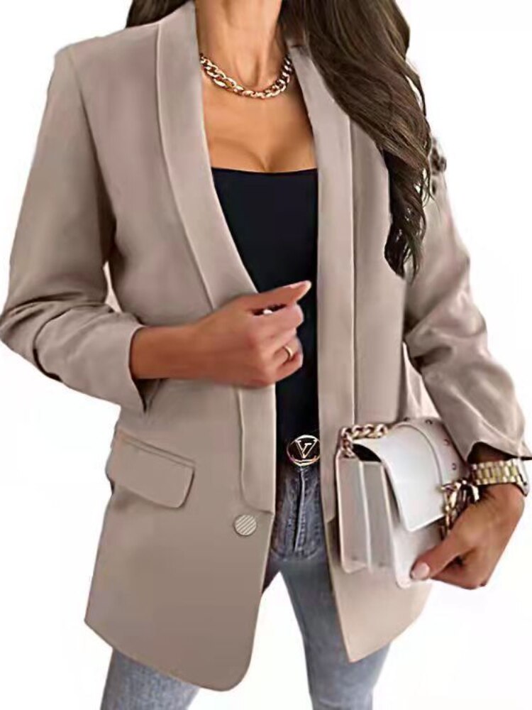 Long Sleeve Cardigan Women Jacket Solid Color Lapel Button Slim Temperament Suit Blazer Women Coats