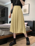 Ladies Elegant A-line Summer Fashion Korean Style Solid Color High Waist Women Pleated Long Skirt