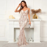 Women Strap V Neck Gold Sequin Evening Dress Sexy Beading Party Maxi Dress Long Prom Dress