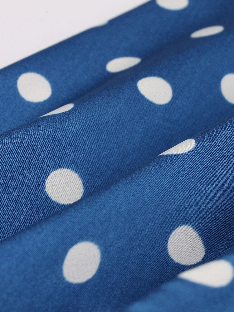 Tie Neck Button Up Elegant Silky Blue Shirts Women 50s Vintage Polka Dot Top Femme Short Sleeve Blouses