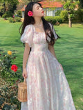 Summer Chiffon Floral Elegant Midi Casual Puff Sleeve Sweet Princess Vintage Lace Vacation Dress