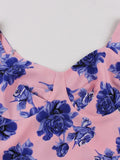 V-Neck Ruffle Sleeve High Waist Vintage Pink with Floral Summer Dress Women Retro 50s Party Pleated Dress