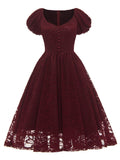 Elegant Women Burgundy Lace Party Dress Button Front Short Sleeve Knee Length Ladies Evening Cocktail Pleated Vintage Dresses