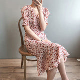 Elegant V-Neck A-Line Long Casual Chiffon Floral Print Dress