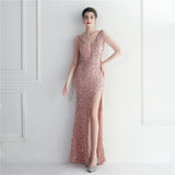 Women Beading Deep V Neck Velour Sequin Evening Sexy Party Maxi Dress Long Prom Dress