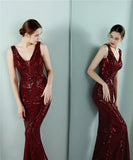 Women Deep V Neck Burgundy Sequin Long Prom Evening Dress Sexy Party Maxi Dress