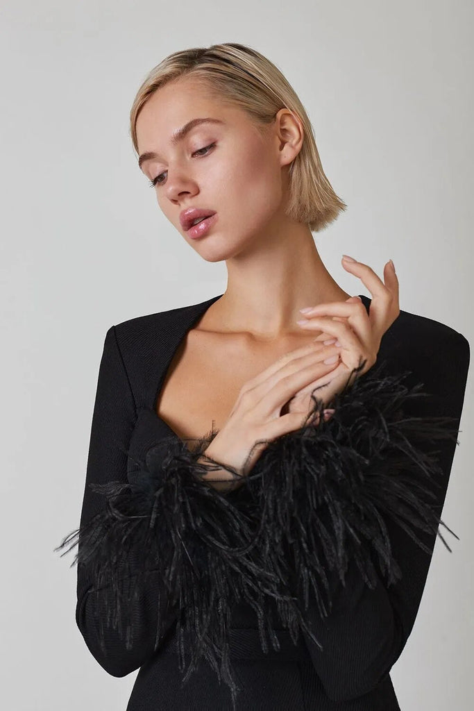 Long Sleeve Feather Sexy Evening Party Women Night Celebrity Dress