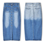 Summer Blue Long Casual Split Bottoms Single-Breasted Buttons Jean Skirt