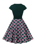 Green and Plaid Print V-Neck Women Summer Dress Short Sleeve Elegant A Line Polyester Vintage Dresses
