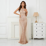 Sexy Gold Sequin Evening Dress Party Maxi Dress With Detachable Chiffon Train Women Beading Long Prom Dress