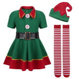 2024 Christmas Elf Costume Girls Xmas Santa Claus Green Elf Dress For Kids Adults Family Matching Outfits Cosplay Clothing