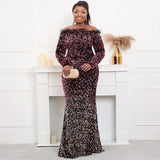 Plus Size Off Shoulder Feather Long Sleeve Black Sequin Dress Floor Length Evening Party Maxi Reflective Dress