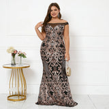 Plus Size Women Elegant Boat Neck Party Maxi Dress Off Shoulder Burgundy Sequin Evening Dress Long Prom Dress