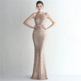 Sexy Gold Sequin Evening Dress Party Maxi Dress With Detachable Chiffon Train Women Beading Long Prom Dress