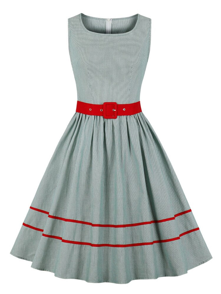 O-Neck Sleeveless 50s Striped Vintage Pleated Summer 100% Cotton Women Pocket Side Red Belt Casual Ladies Dresses