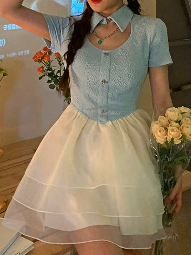 Summer Chiffon Patchwork Sweet Hollow Out Fluffy Party Mini Korean Vintage Fairy Dress