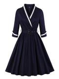Vintage Style Wrap Belted Elegant Pleated Autumn Dress Women Winter Robe Femme 3/4 Length Sleeve Cotton Dresses