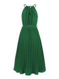 Halter Neck Sleeveless Summer Long Dresses for Women Green Elastic Waist Casual Vacation Outfits Pleated Dress