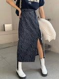 Street Style Vintage Zebra Print Denim Skirt Women High Waist Front Slit Sexy Midi Skirt