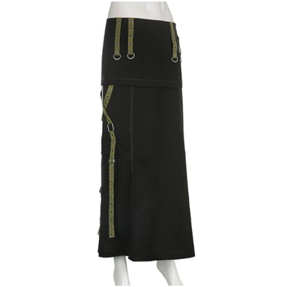 Dark Goth Punk y2k Long Skirts Harajuku Egirl Aesthetic Streetwear Women Ribbon Patchwork Metal Black Skirt