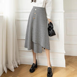 Ladies Elegant A-line Long Spring Office Style Vintage Plaid Single-breasted Women High Waist Casual Skirt