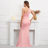 Women One Shoulder Simple Pleat Evening Dress Pink Celebrity Party Maxi Sexy Slash Neck Long Dress