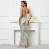 Women Silver Strap Sequin Party Maxi Dress Sexy V Neck Evening Long Prom Dress