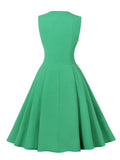 Knot V-Neck Ruched High Waist Green Solid A-Line Swing Dresses for Women Vintage Style Sleeveless Summer Dress
