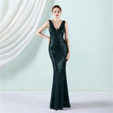 Women Deep V Neck Burgundy Sequin Long Prom Evening Dress Sexy Party Maxi Dress