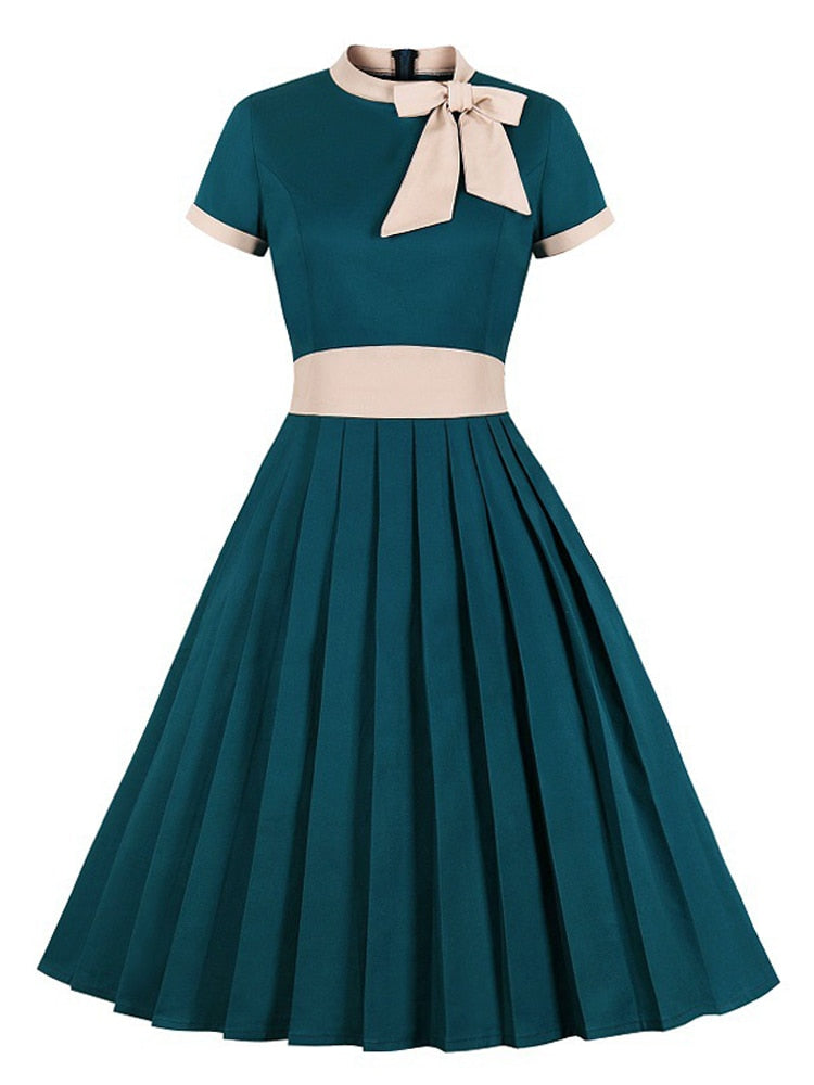 Turquoise Bow Tie Neck Pleated Elegant Party Midi Dress Women Cotton Vintage High Waist Pockets Swing Dresses