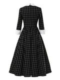 Knot Neck Black and White Plaid Vintage Cotton Women Elegant Party 3/4 Length Sleeve Spring Midi Dress